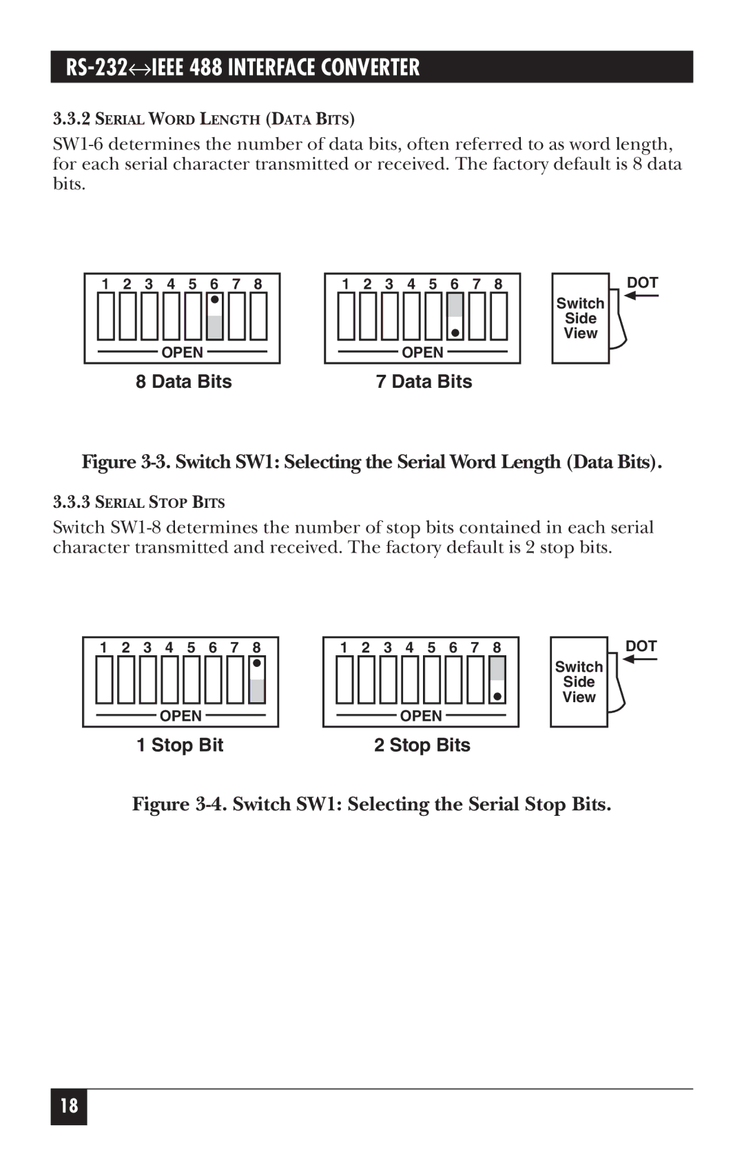 Black Box IC026A-R2, IC026AE-R2 manual Switch SW1 Selecting the Serial Word Length Data Bits 