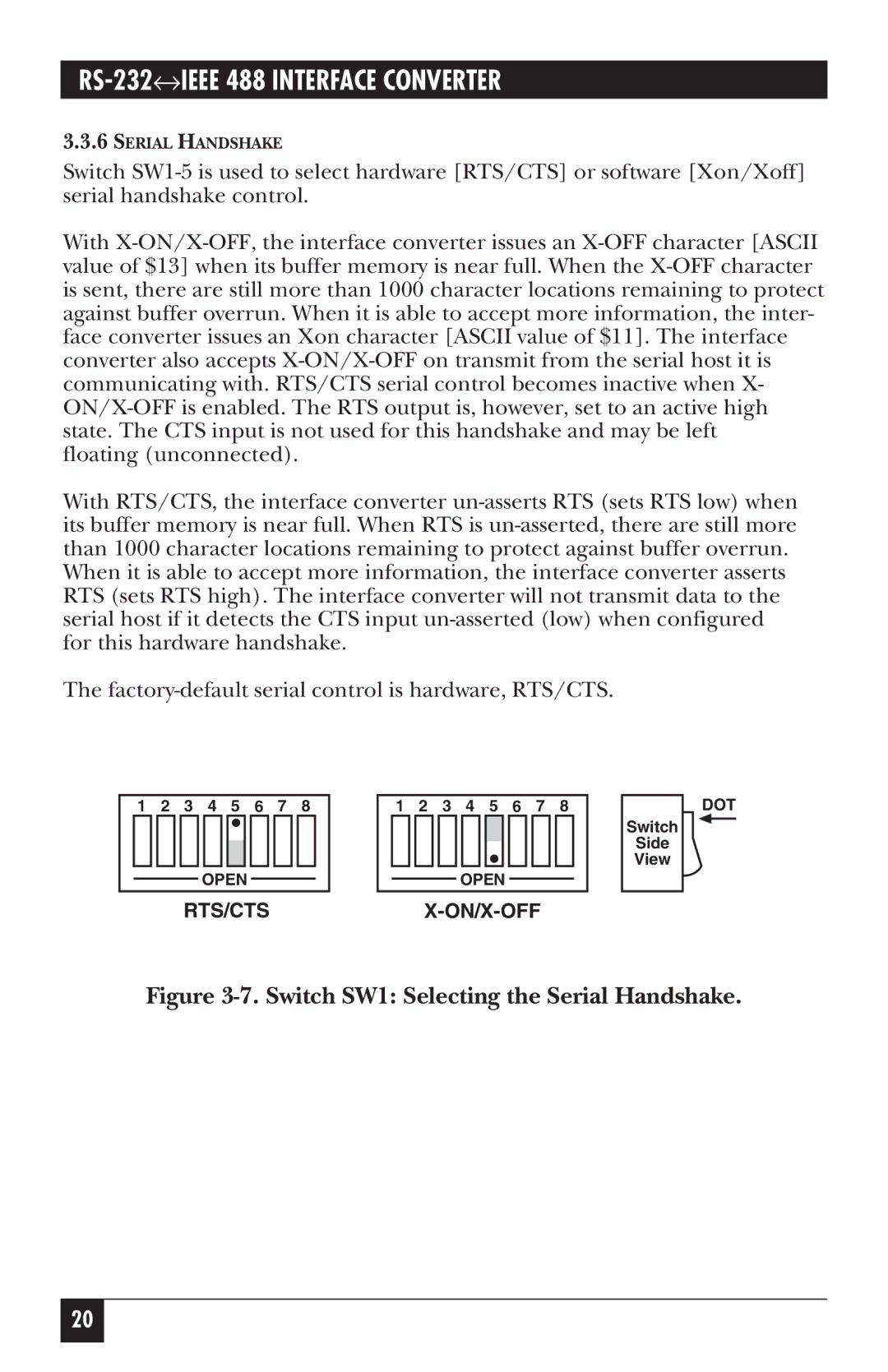 Black Box IC026A-R2, IC026AE-R2 manual Switch SW1 Selecting the Serial Handshake 