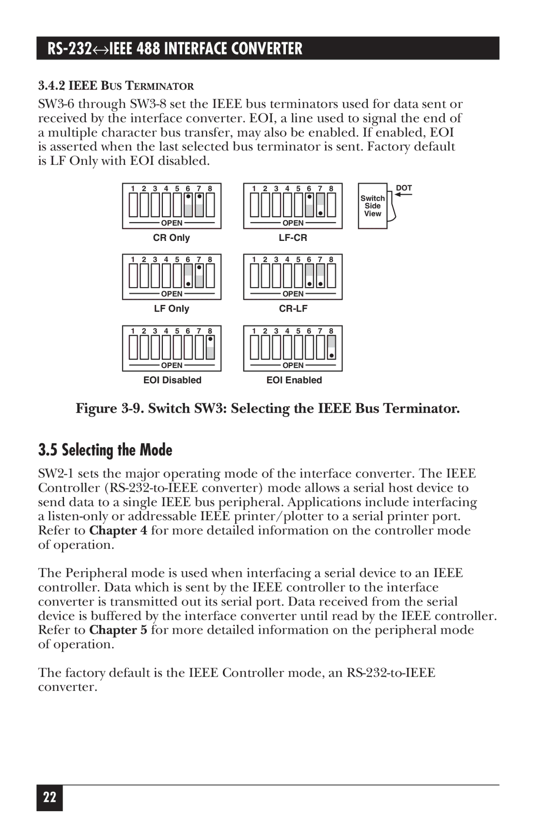 Black Box IC026A-R2, IC026AE-R2 manual Selecting the Mode, Switch SW3 Selecting the Ieee Bus Terminator 