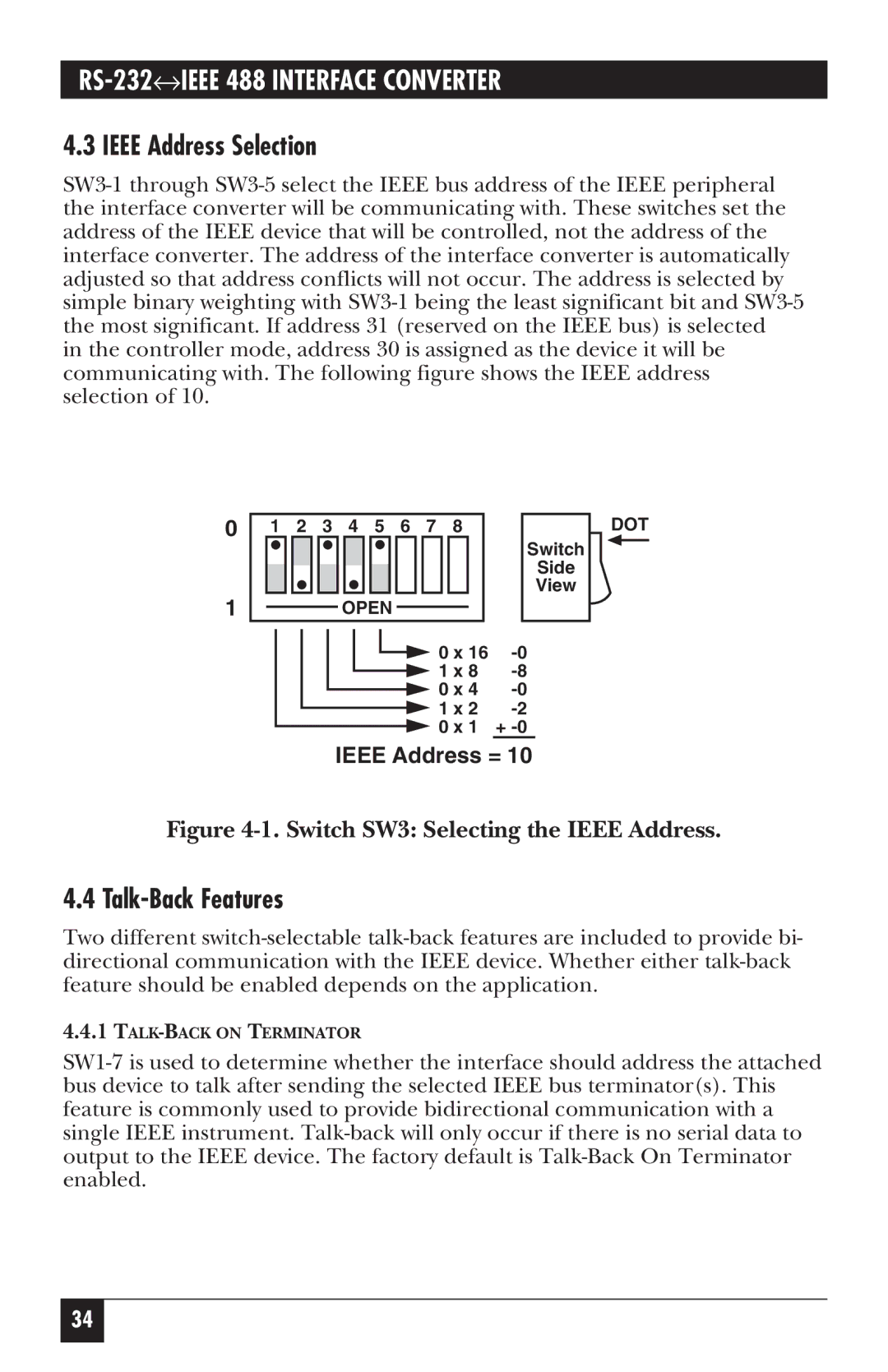 Black Box IC026A-R2, IC026AE-R2 manual Ieee Address Selection, Talk-Back Features 