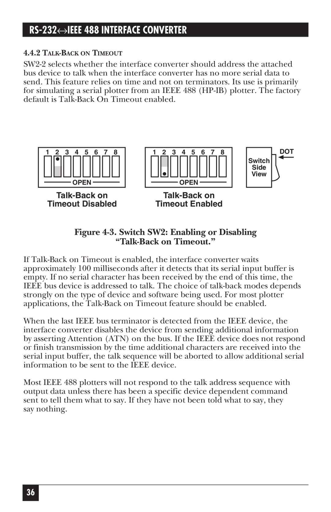 Black Box IC026A-R2, IC026AE-R2 manual Switch SW2 Enabling or Disabling Talk-Back on Timeout 