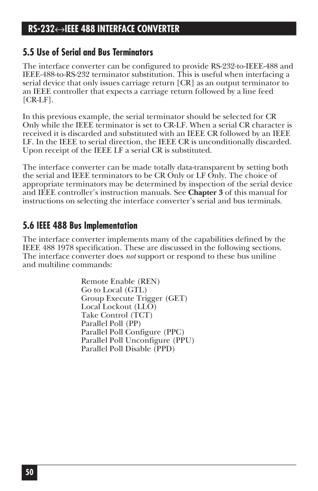 Black Box IC026A-R2, IC026AE-R2 manual Use of Serial and Bus Terminators, Ieee 488 Bus Implementation 