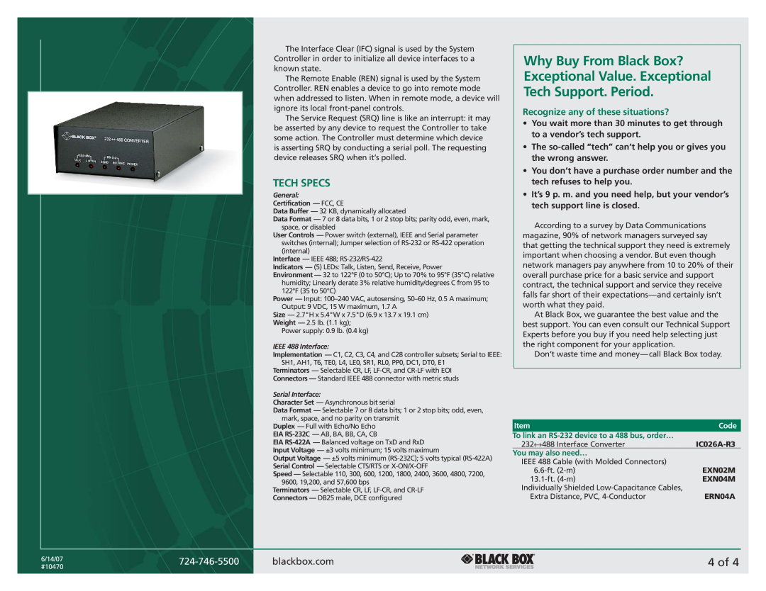 Black Box IC026A-R3 manual 4 of, Tech Specs, Why Buy From Black Box?, Exceptional Value. Exceptional, Tech Support. Period 