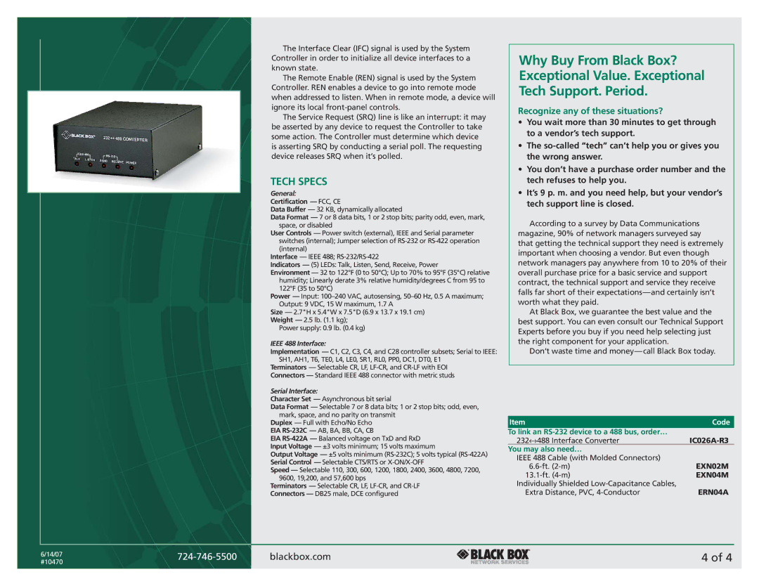 Black Box IC026A-R3 manual Tech Specs, General 