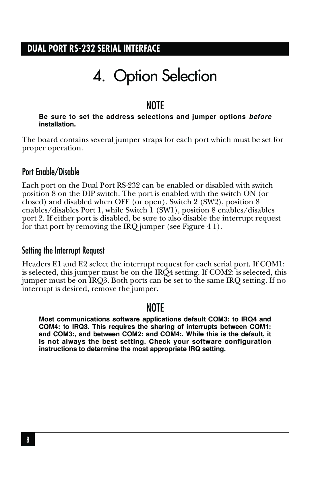 Black Box IC174C, IC110C manual Option Selection, Port Enable/Disable, Setting the Interrupt Request 