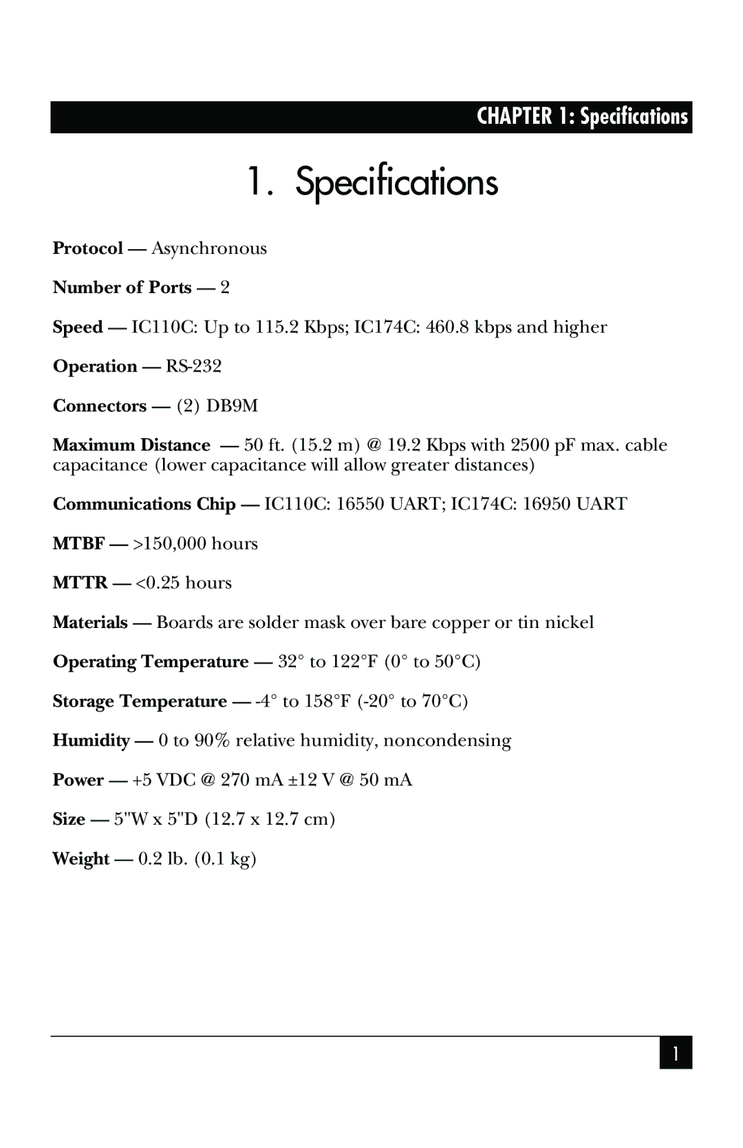 Black Box IC110C, IC174C manual Specifications, Connectors 2 DB9M 