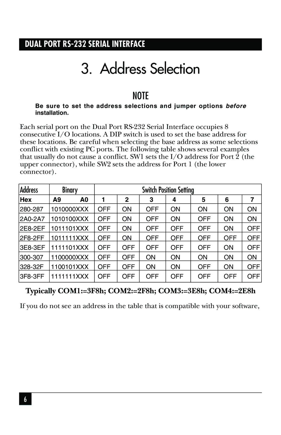 Black Box IC174C, IC110C manual Address Selection, Address Binary 