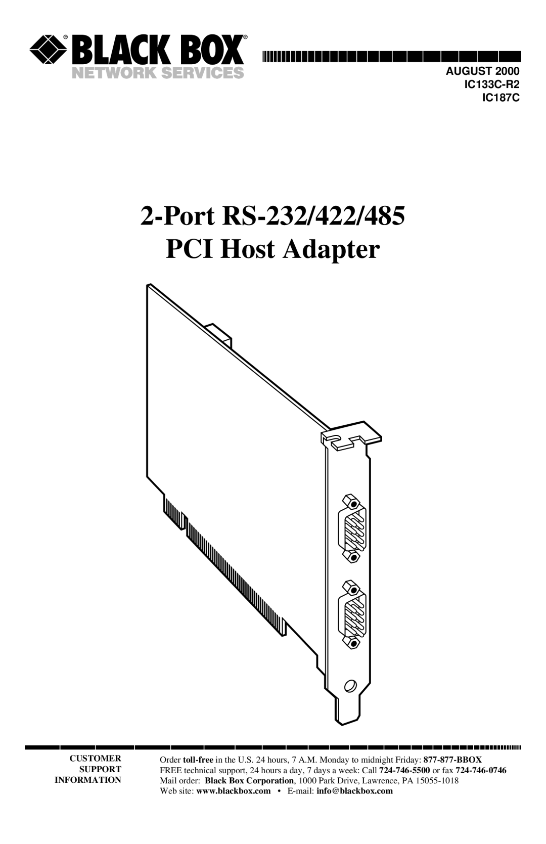 Black Box IC187C, IC133C-R2 manual Port RS-232/422/485 PCI Host Adapter 