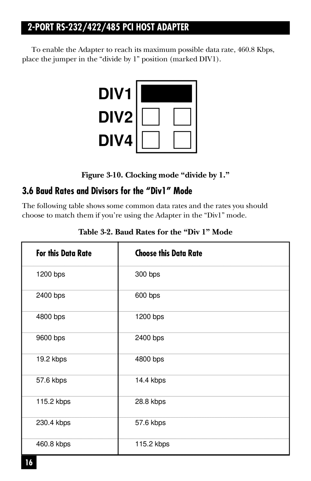 Black Box IC187C, IC133C-R2 manual Baud Rates and Divisors for the Div1 Mode, Clocking mode divide by 