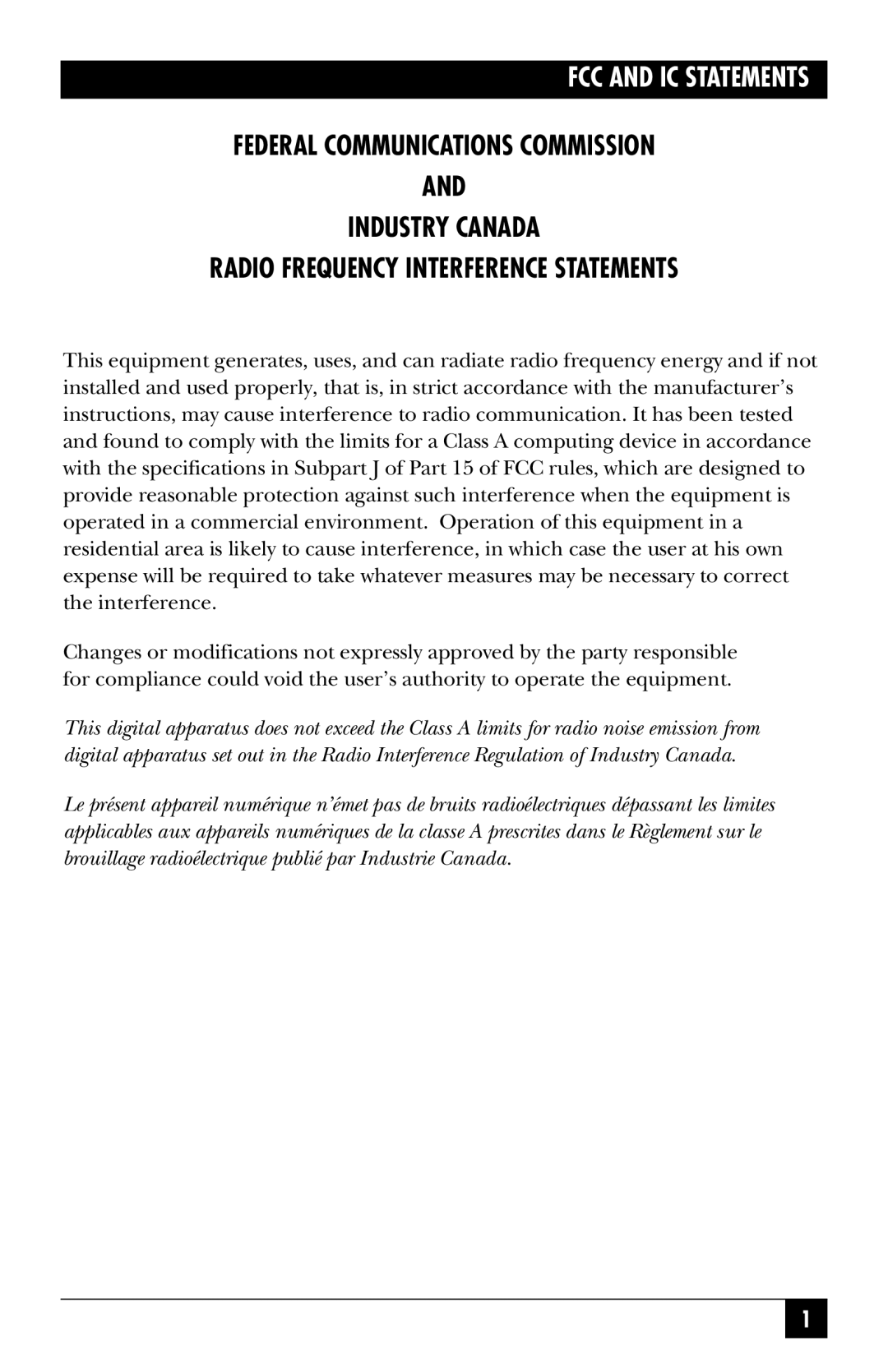 Black Box IC133C-R2, IC187C manual FCC and IC Statements 