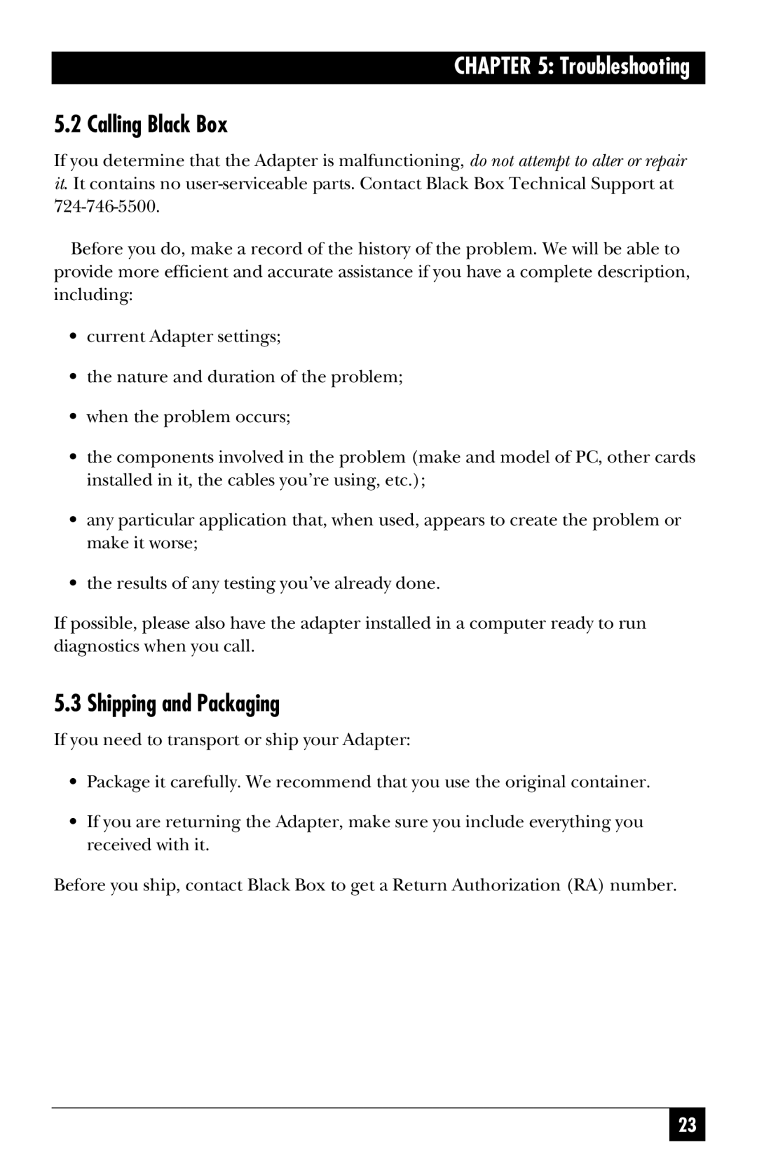 Black Box IC133C-R2, IC187C manual Calling Black Box, Shipping and Packaging 