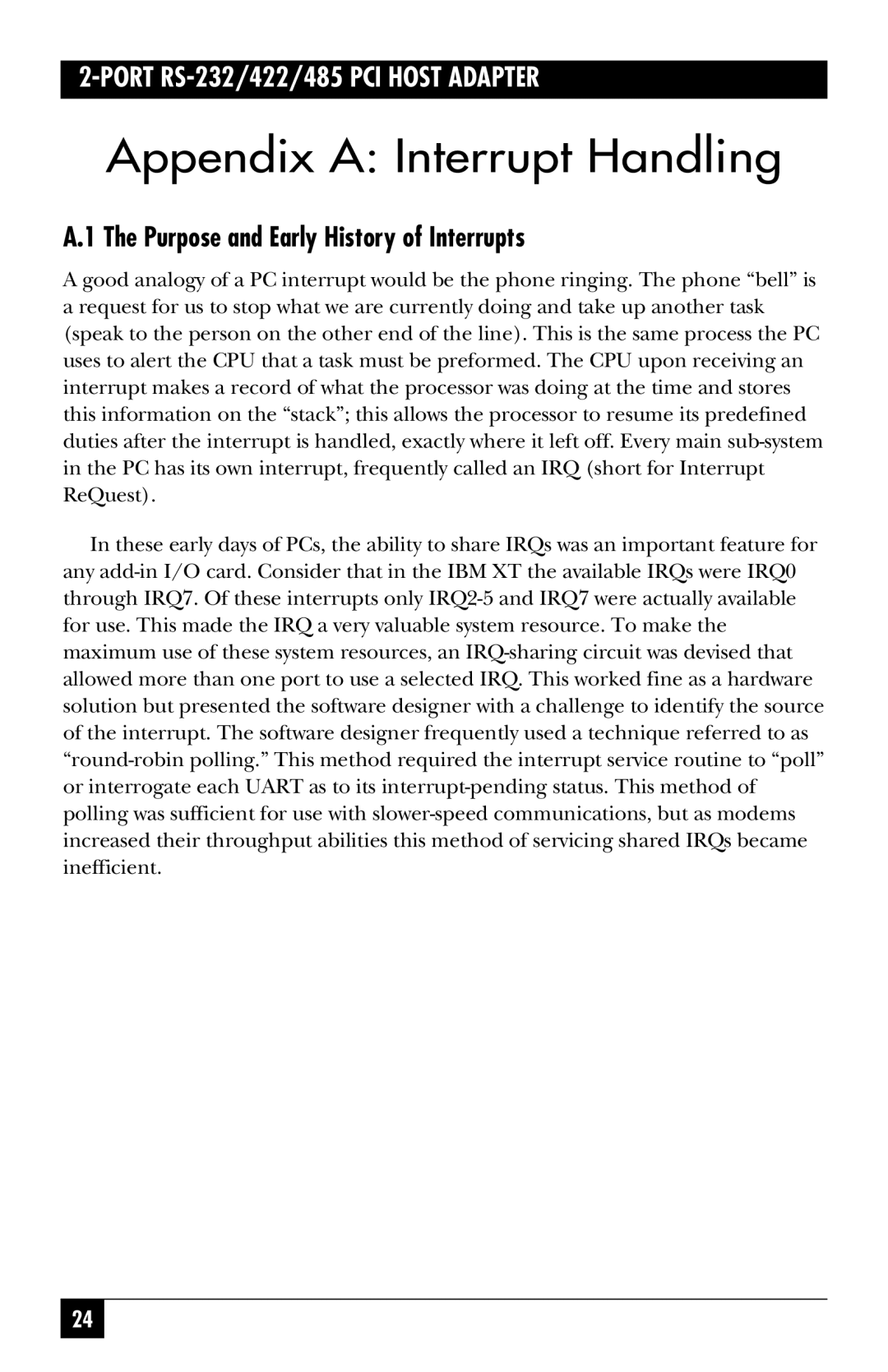 Black Box IC187C, IC133C-R2 manual Appendix a Interrupt Handling, Purpose and Early History of Interrupts 