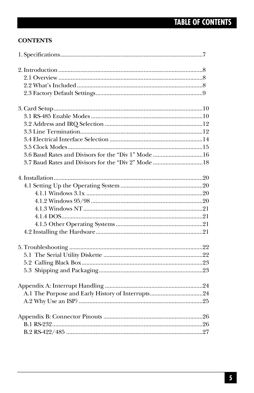 Black Box IC133C-R2, IC187C manual Table of Contents 