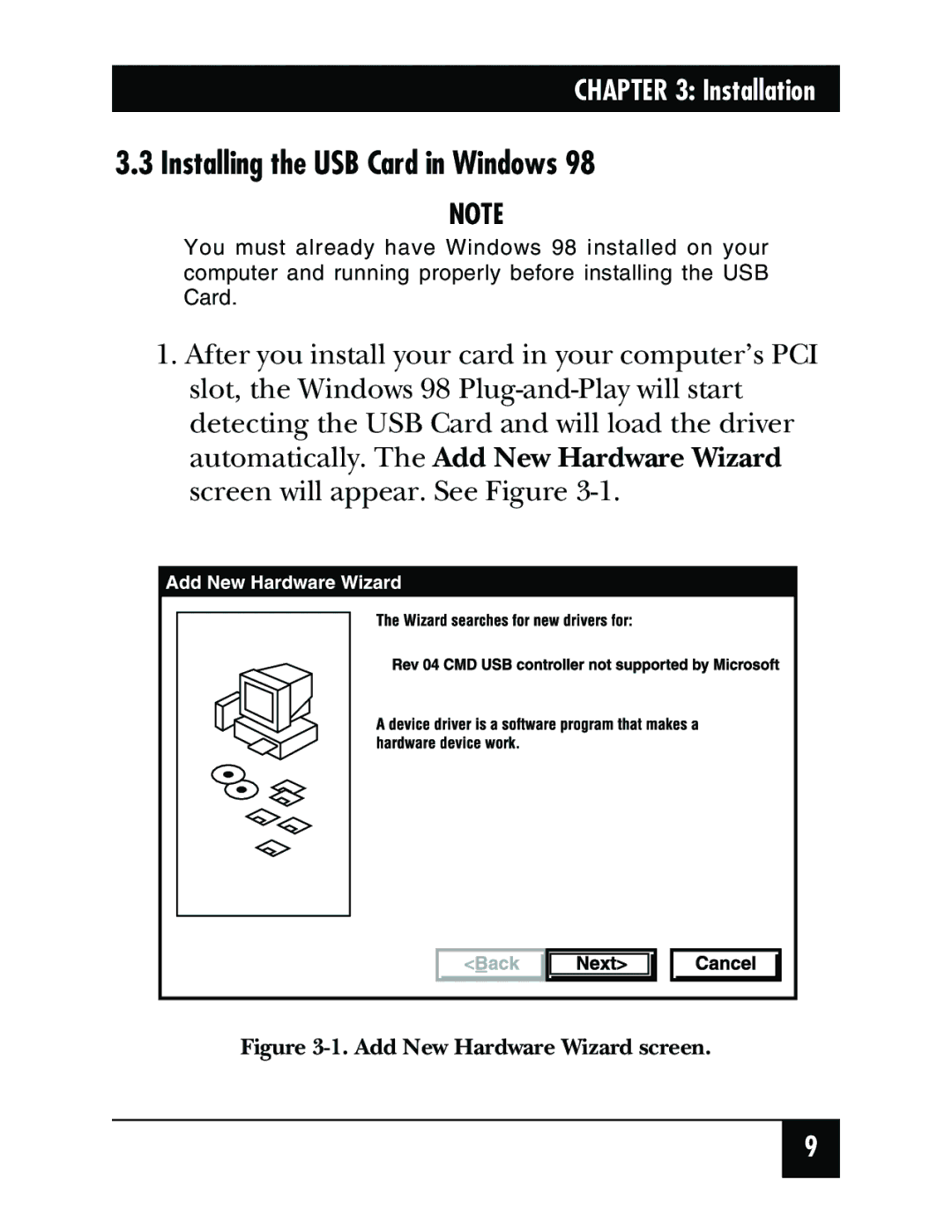 Black Box IC136C manual Installing the USB Card in Windows, Add New Hardware Wizard screen 