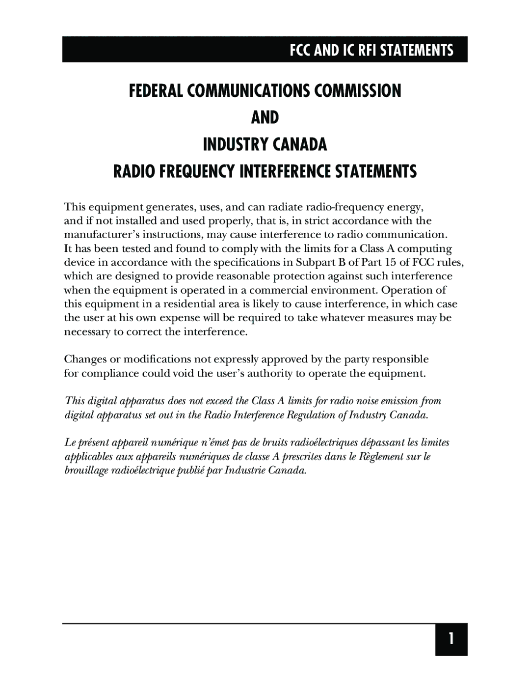 Black Box IC136C manual FCC and IC RFI Statements 