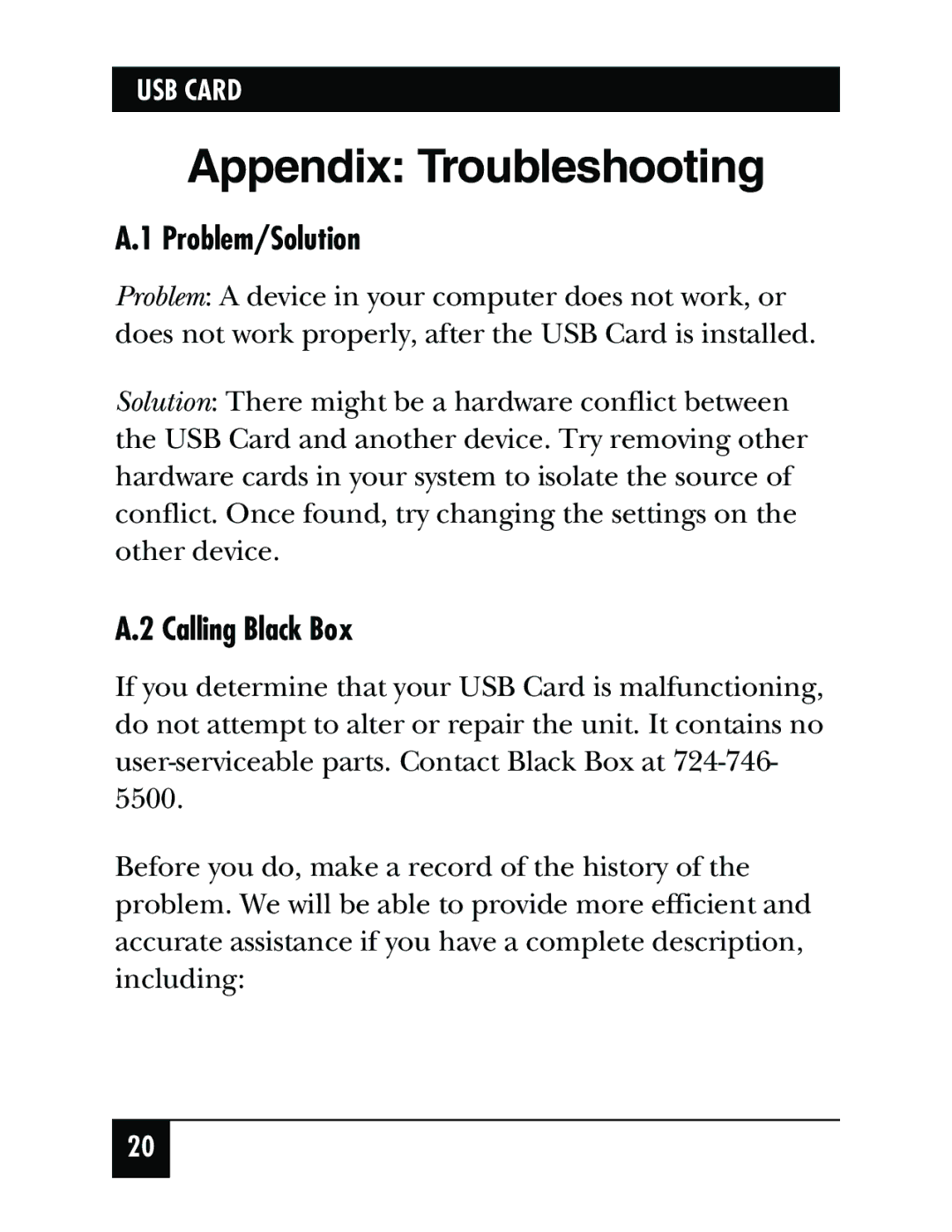 Black Box IC136C manual Appendix Troubleshooting, Problem/Solution, Calling Black Box 