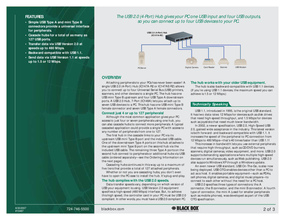 Black Box IC147A-R2 manual Overview, Connect just 4 or up to 127 peripherals, Hub complies with the USB 2.0 speeds 
