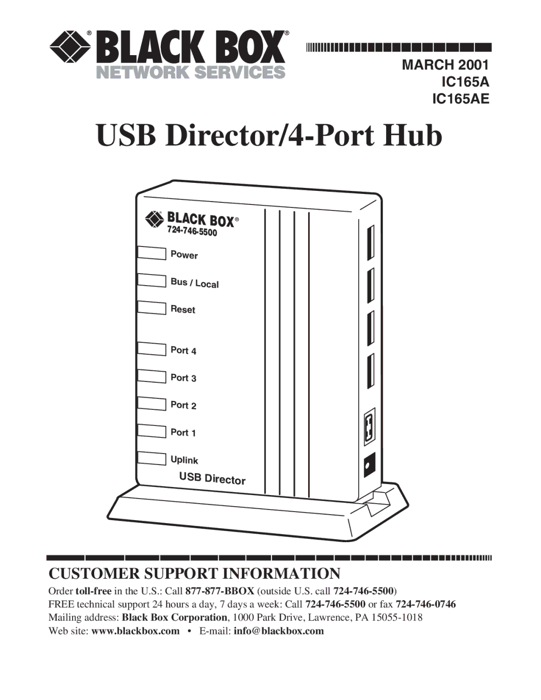 Black Box IC165AE manual USB Director/4-Port Hub 