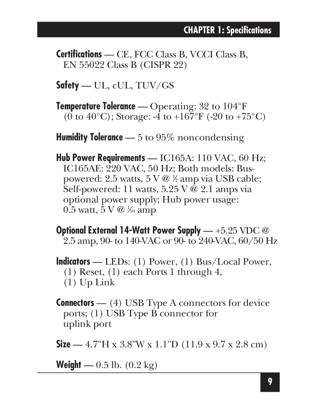 Black Box IC165AE manual Watt, 5 V @ 1⁄10 amp 