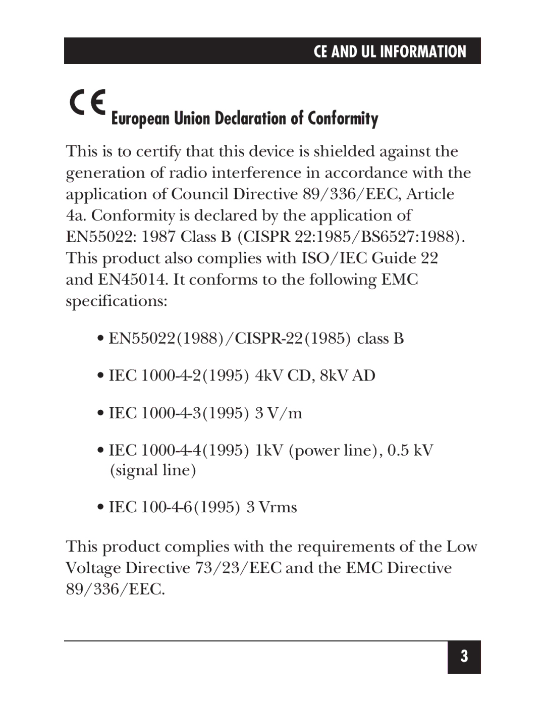 Black Box IC165AE manual European Union Declaration of Conformity 