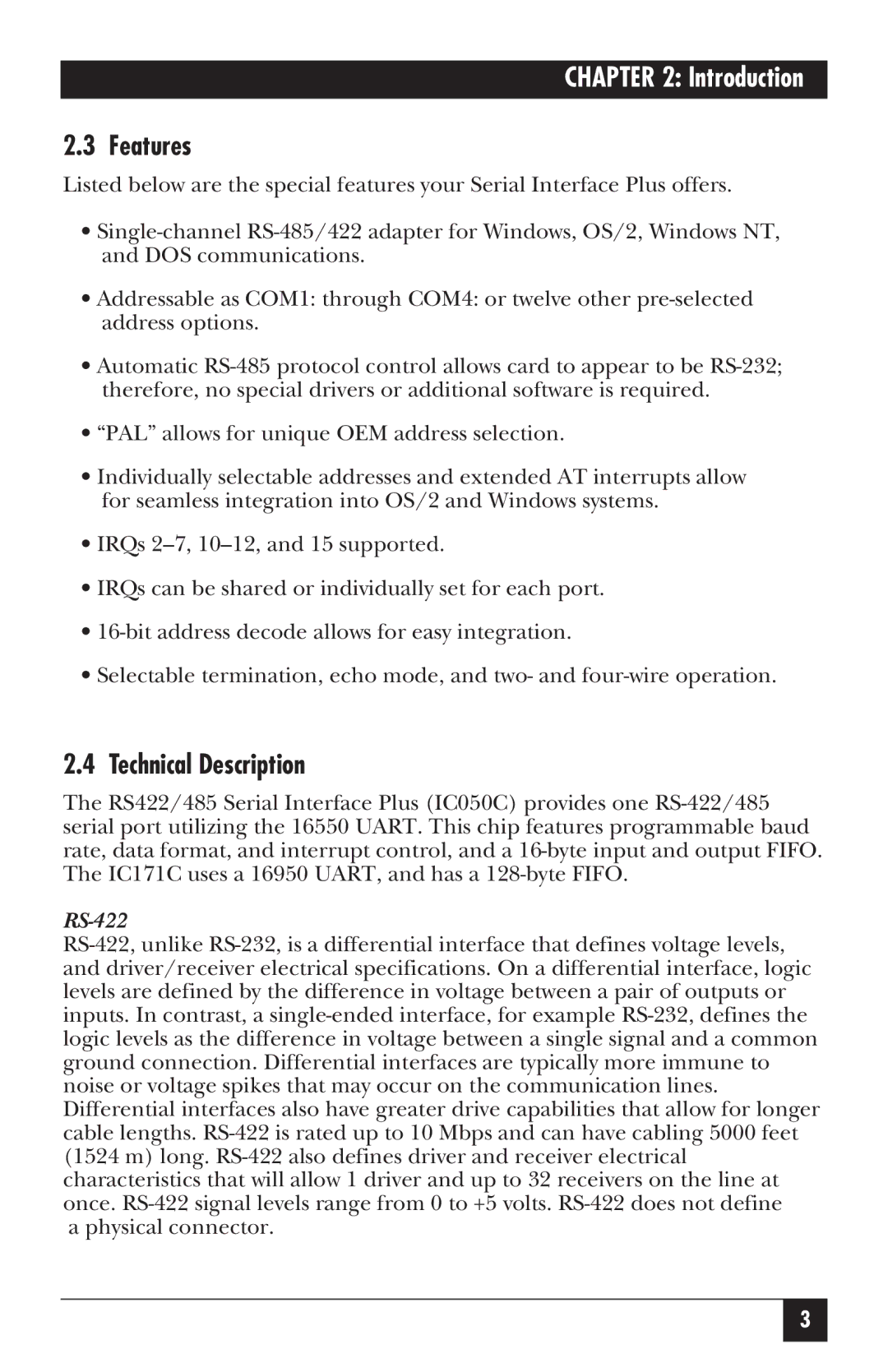 Black Box IC171C manual Features, Technical Description 