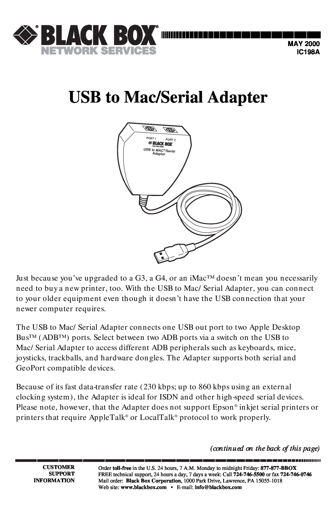 Black Box IC198A manual USB to Mac/Serial Adapter, continued on the back of this page 