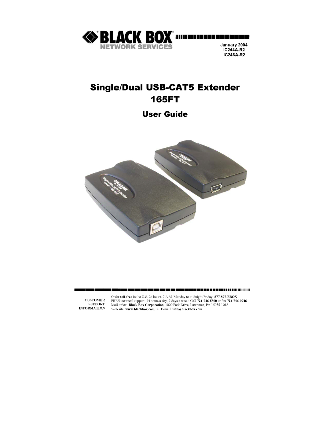 Black Box IC244A-R2, IC246A-R2 manual Single/Dual USB-CAT5 Extender 165FT 