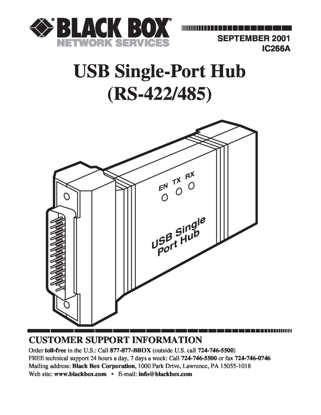 Black Box manual USB Single-Port Hub RS-422/485, Customer Support Information, SEPTEMBER IC266A 