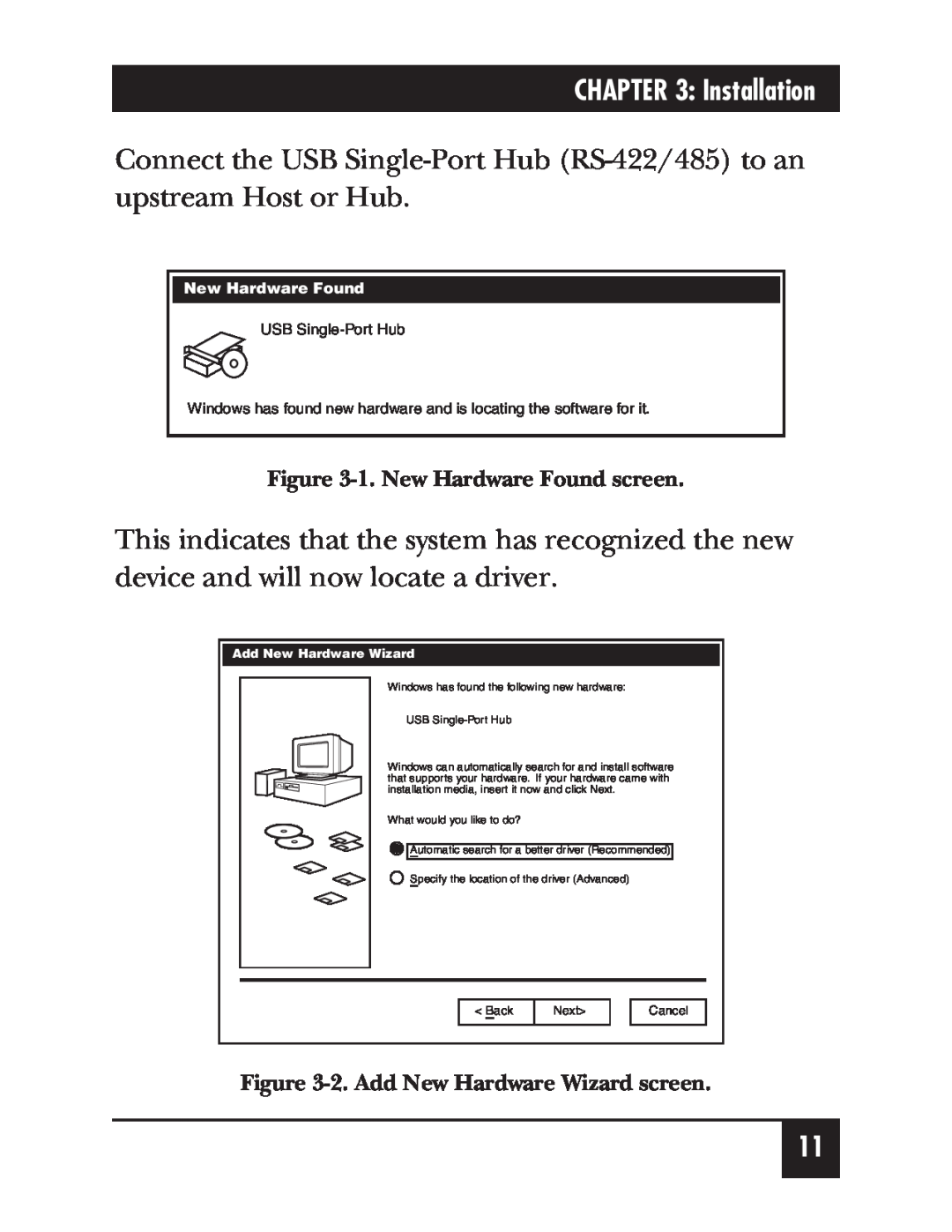 Black Box IC266A manual Installation, 1. New Hardware Found screen, 2. Add New Hardware Wizard screen, USB Single-Port Hub 