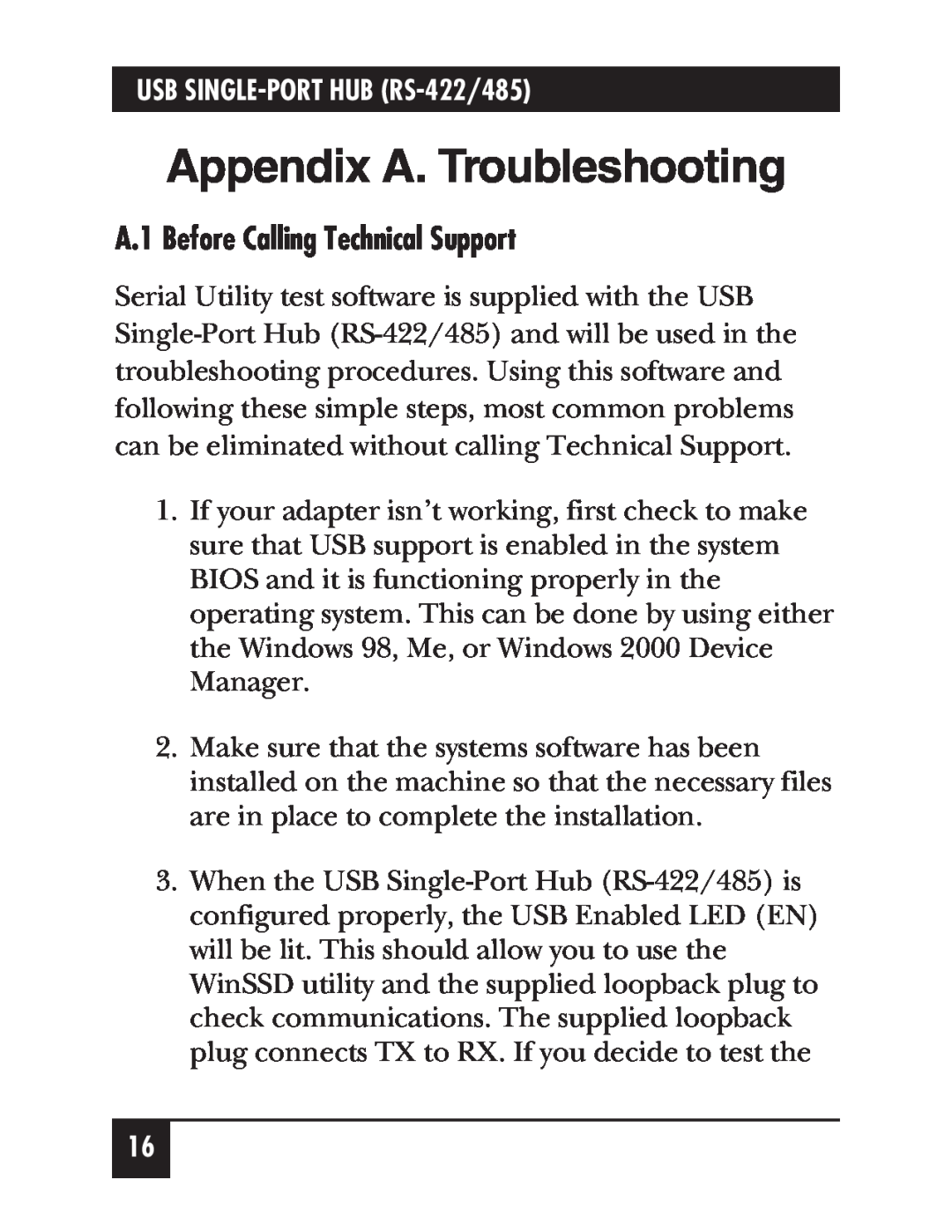 Black Box IC266A manual Appendix A. Troubleshooting, A.1 Before Calling Technical Support 