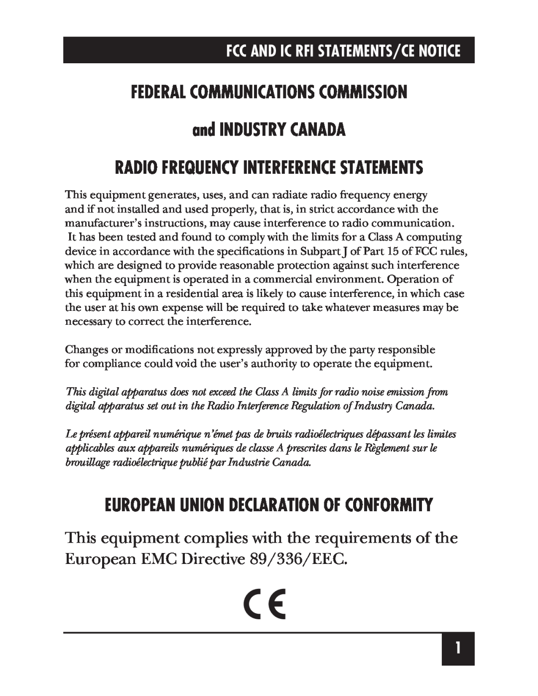 Black Box IC266A manual FEDERAL COMMUNICATIONS COMMISSION and INDUSTRY CANADA, Radio Frequency Interference Statements 