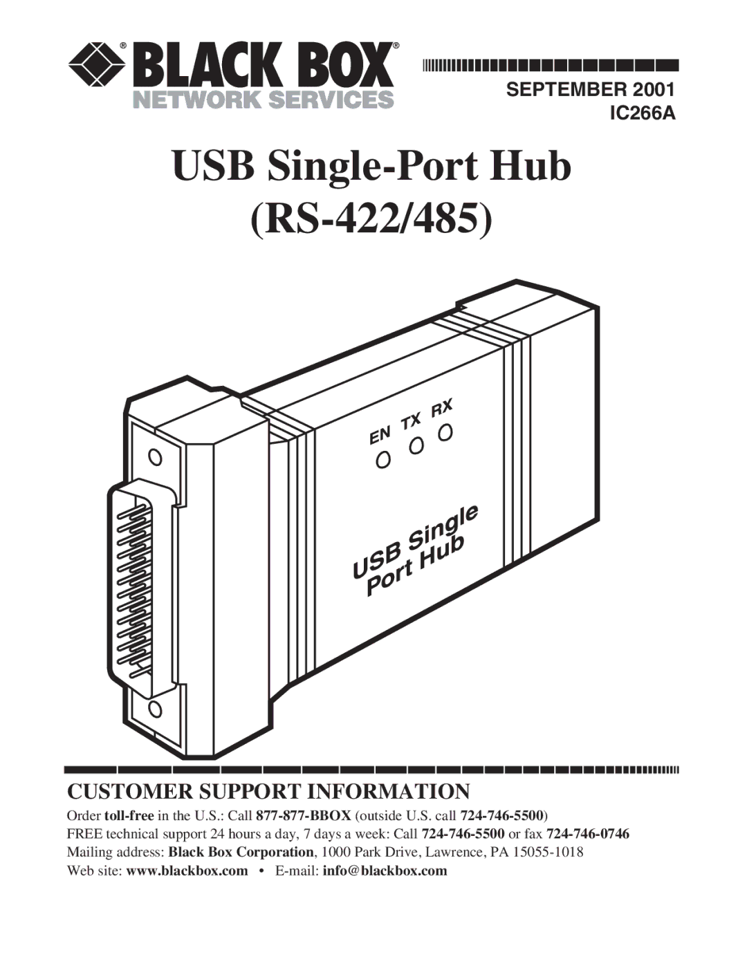 Black Box IC266A manual USB Single-Port Hub RS-422/485 