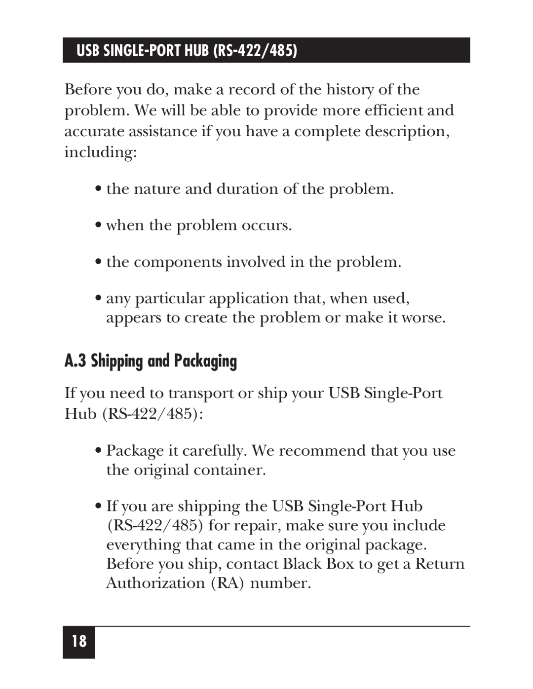 Black Box IC266A manual Shipping and Packaging 