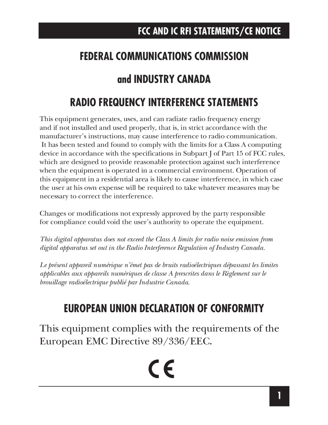 Black Box IC266A manual Industry Canada, Radio Frequency Interference Statements 