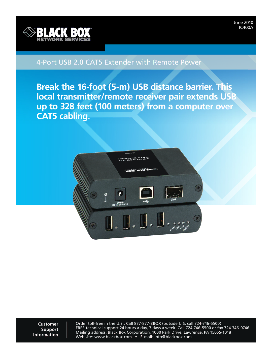 Black Box 4-Port USB 2.0 CAT5 Extender with Remote Power, IC400a manual 