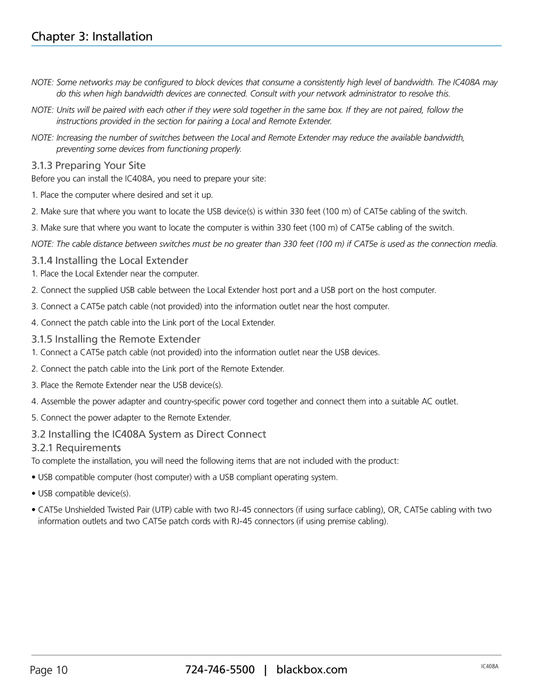 Black Box IC408A manual Preparing Your Site, Installing the Local Extender, Installing the Remote Extender 