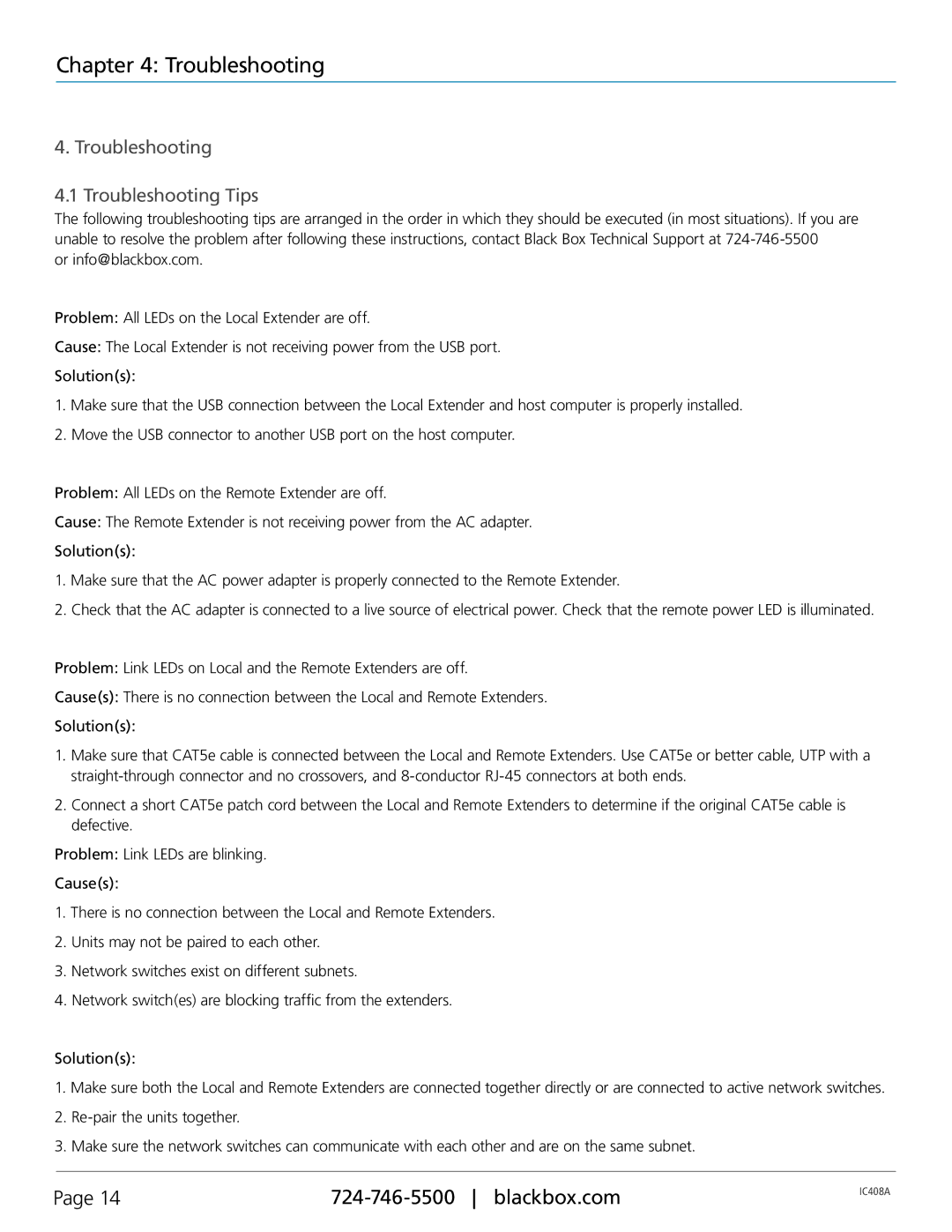 Black Box IC408A, 4-Port USB 2.0 Extender over LAN manual Troubleshooting Troubleshooting Tips 
