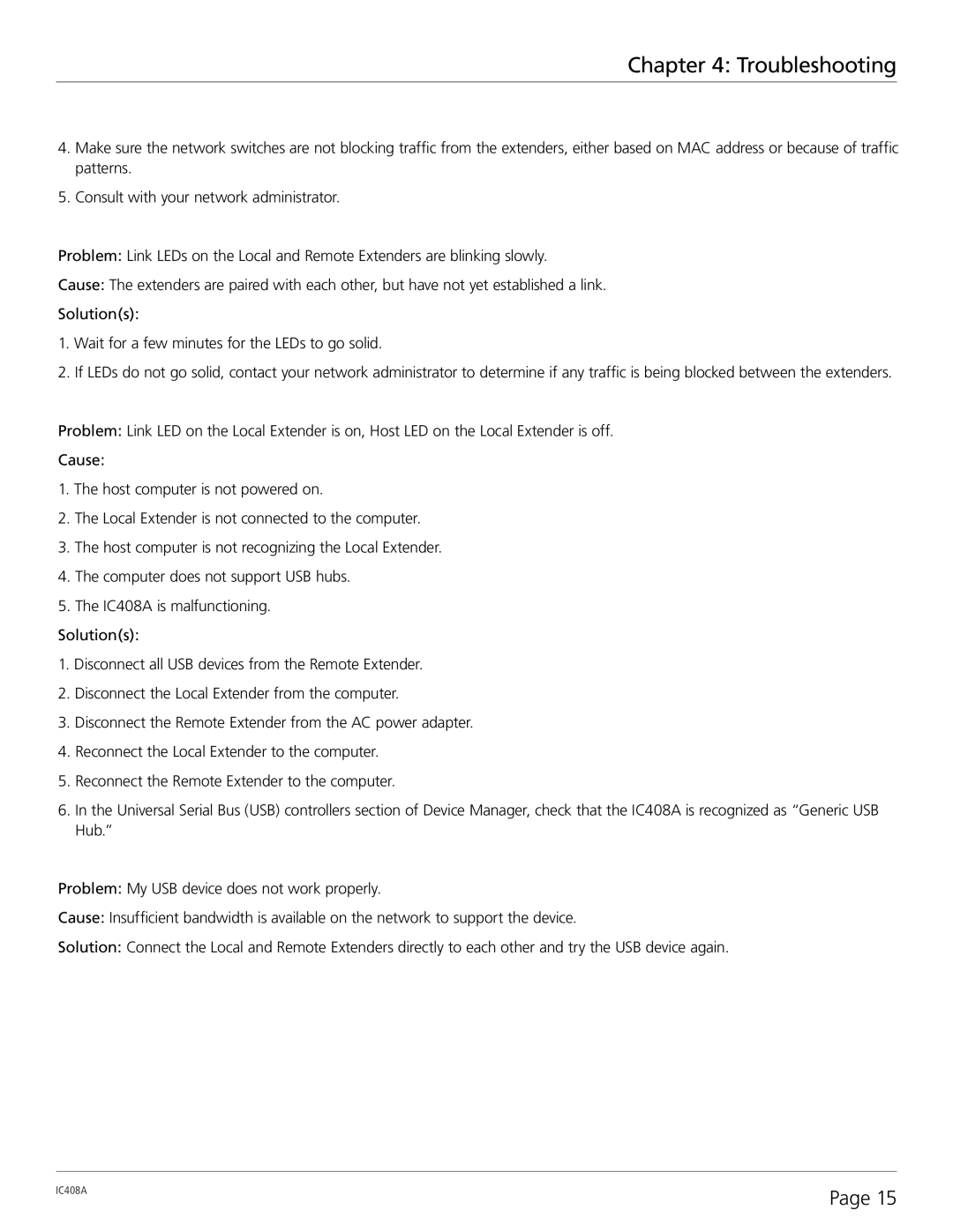 Black Box 4-Port USB 2.0 Extender over LAN, IC408A manual Troubleshooting 
