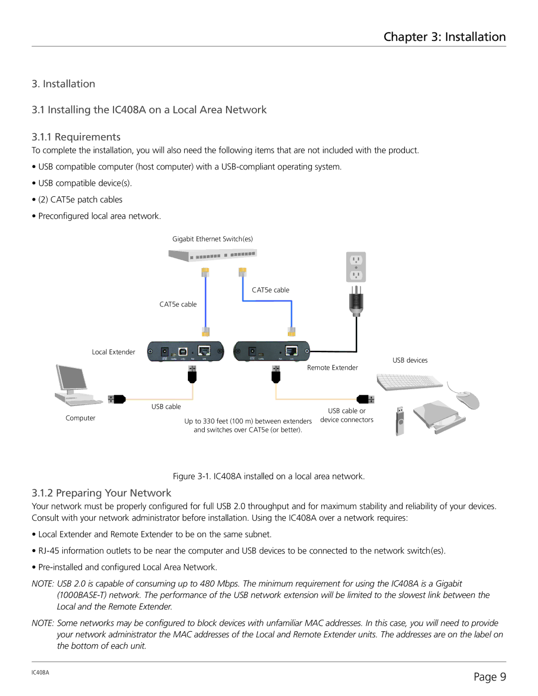 Black Box 4-Port USB 2.0 Extender over LAN, IC408A manual Installation, Preparing Your Network 