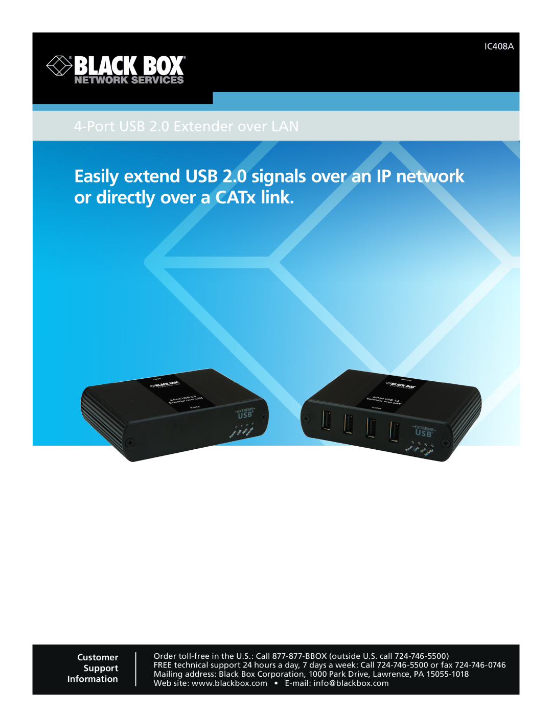 Black Box 4-Port USB 2.0 Extender over LAN manual IC408A, Customer Support Information 