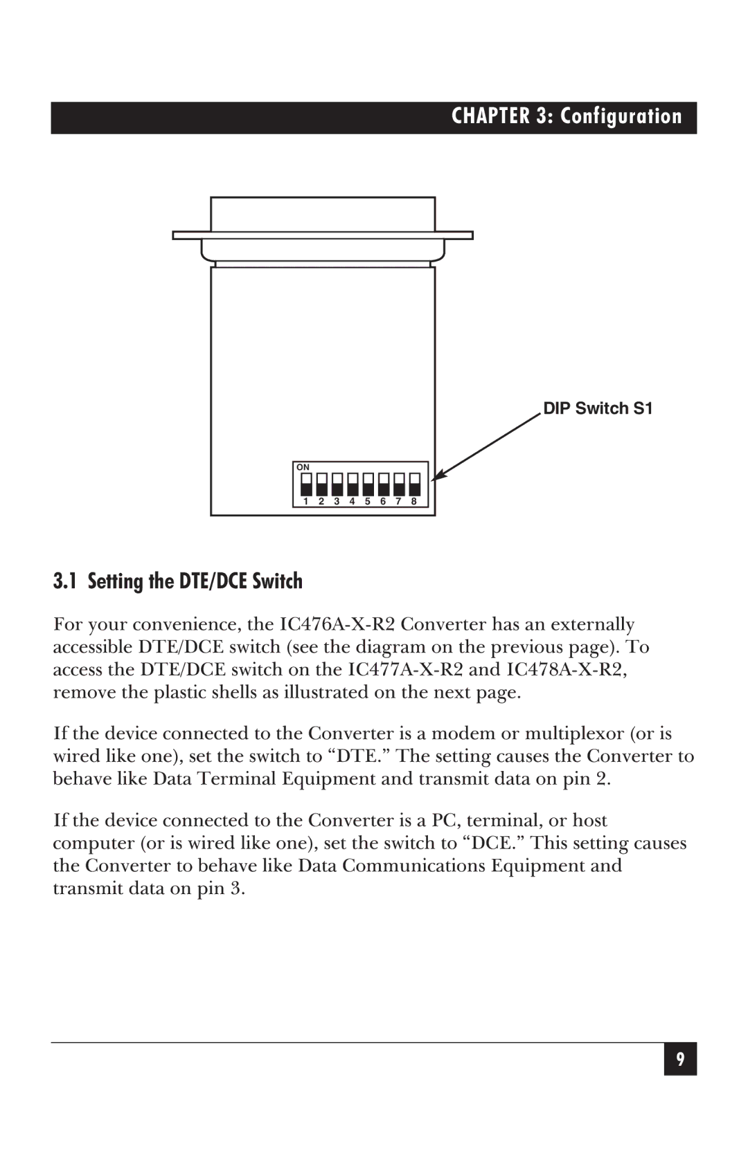 Black Box IC478A-F-R2, IC477A-F-R2, IC476A-F-R2, IC477A-M-R2, IC476A-M-R2, IC478A-M-R2 manual Configuration, DIP Switch S1 