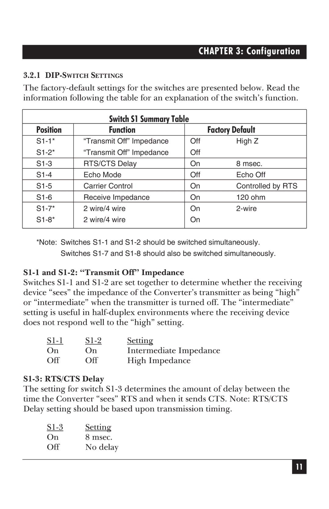 Black Box IC477A-F-R2, IC476A-F-R2, IC477A-M-R2 Configura ion, Switch S1 Summary Table Position Function Factory Default 