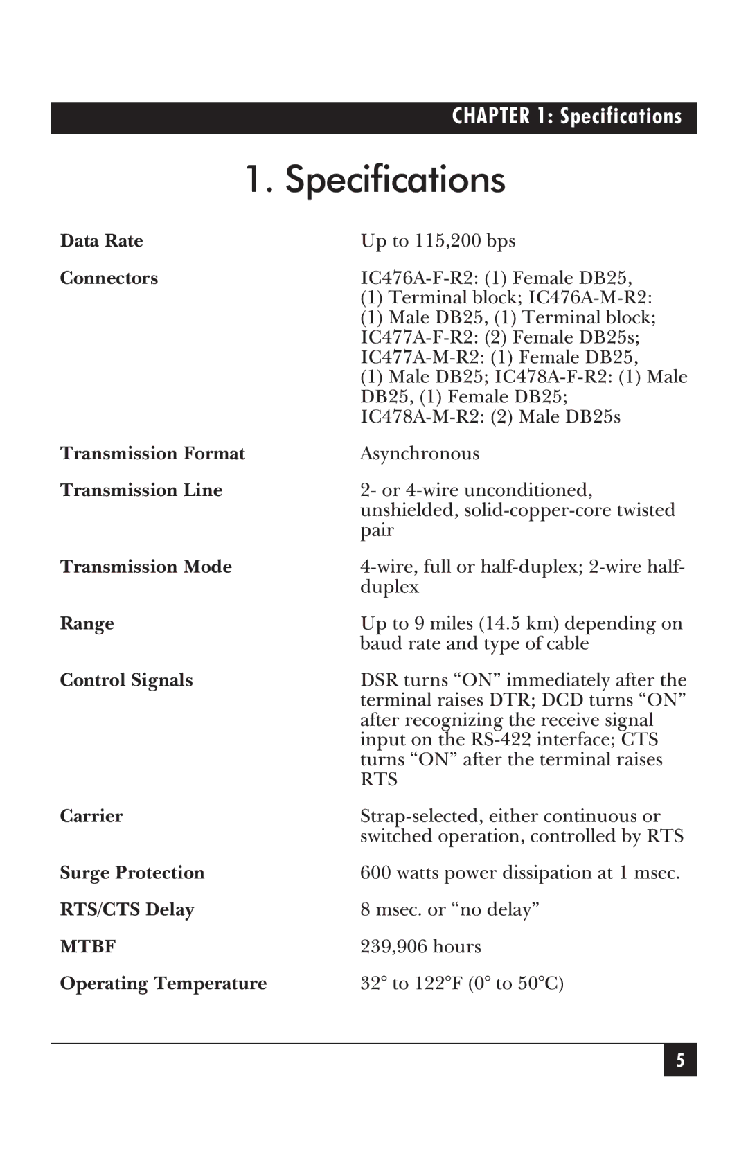 Black Box IC477A-F-R2, IC476A-F-R2, IC477A-M-R2, IC476A-M-R2, IC478A-F-R2, IC478A-M-R2 manual Upto115,200bps, Specifications 