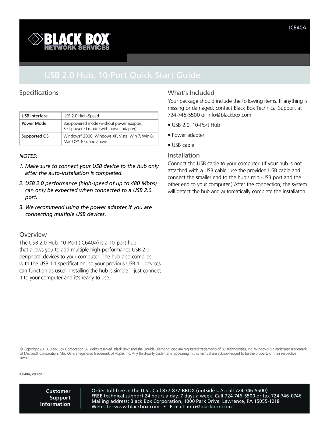 Black Box USB 2.0 Hub, 10-Port quick start Quick Start Guide, Specifications, What’s Included, Installation, Overview 