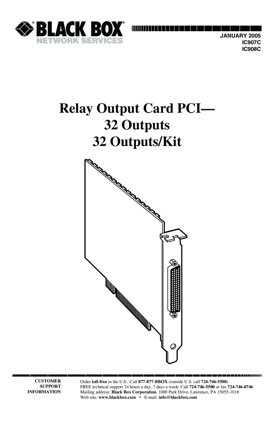 Black Box manual Relay Output Card PCI- 32Outputs 32 Outputs/Kit, JANUARY IC907C IC908C, Customer, Support 