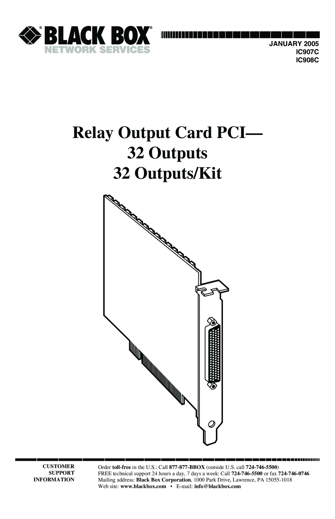 Black Box IC908C, IC907C manual Relay Output Card PCI Outputs 32 Outputs/Kit 