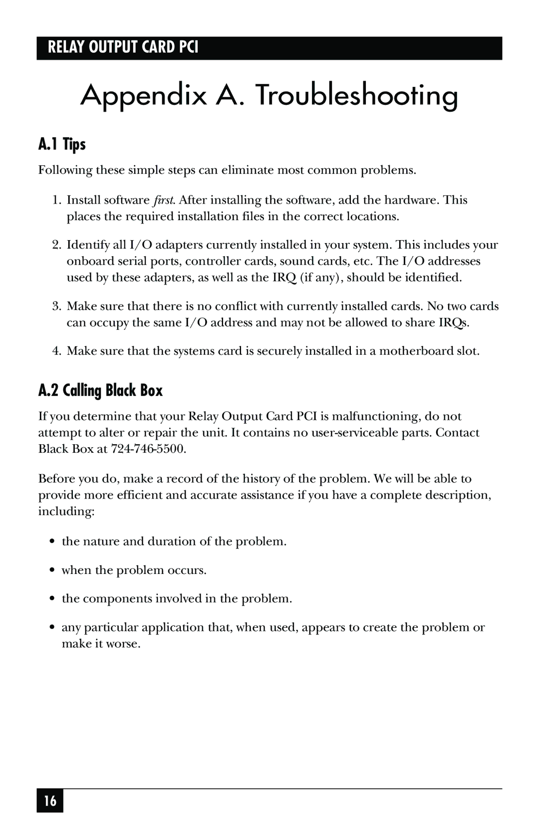 Black Box IC908C, IC907C manual Appendix A. Troubleshooting, Tips, Calling Black Box 