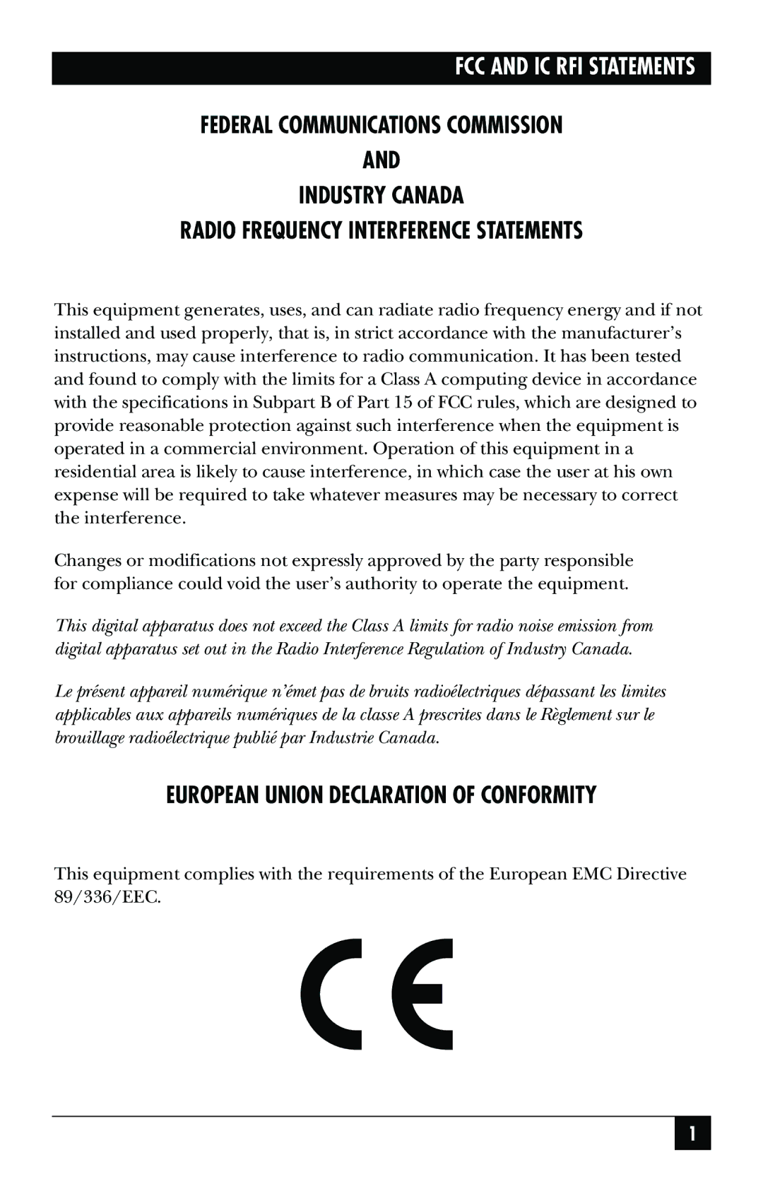 Black Box IC907C, IC908C manual European Union Declaration of Conformity 