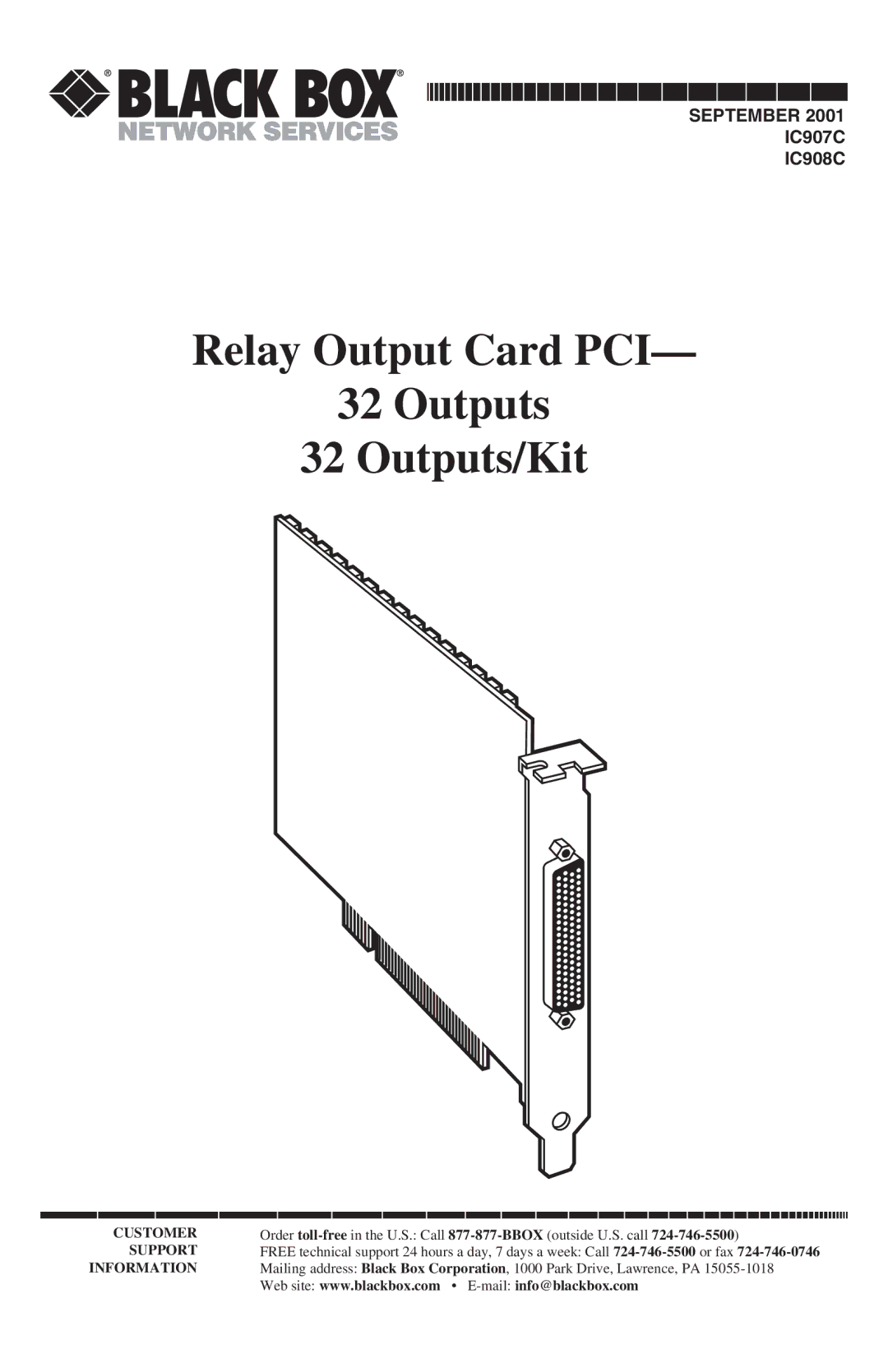 Black Box IC907C manual Relay Output Card PCI Outputs 32 Outputs/Kit 