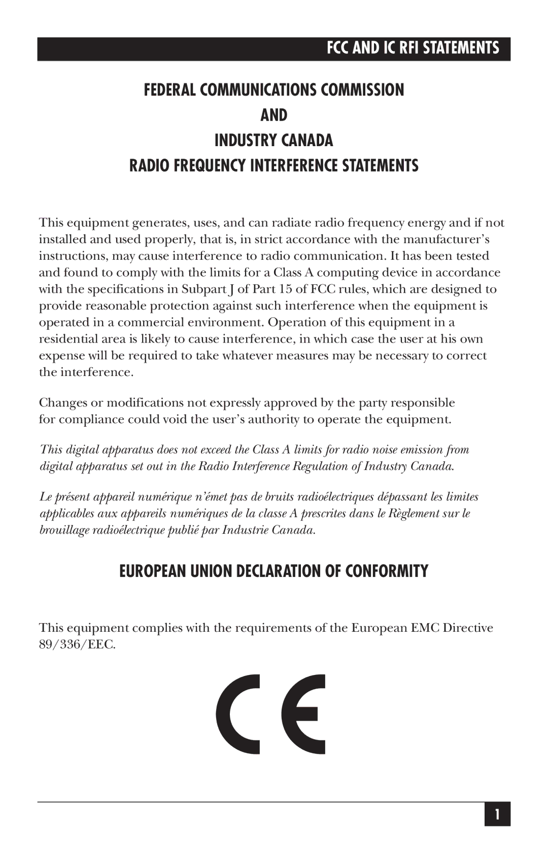 Black Box IC907C manual European Union Declaration of Conformity 